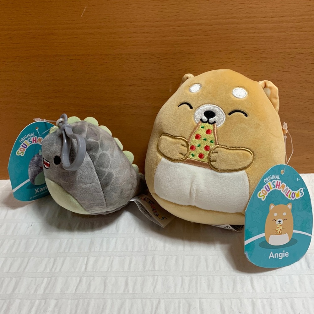 Xander T-Rex Clip & Angie Pizza Cat Squishmallow Plushies by Kellytoy